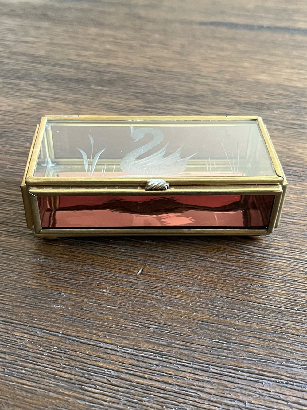 Vintage | Mini Purple Glass Trivet Box with Hinged Lid | Swan Etching